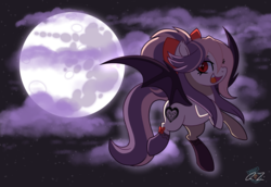 Size: 2952x2031 | Tagged: safe, artist:iheartjapan789, oc, oc only, oc:sweet velvet, bat pony, pony, bat pony oc, clothes, cloud, cute, flying, full moon, high res, mare in the moon, moon, night, ocbetes, open mouth, sky, socks, stars