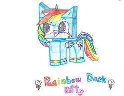 Size: 1600x1237 | Tagged: safe, artist:unikitty18, rainbow dash, g4, crossover, lego, simple background, the lego movie, traditional art, unikitty, white background