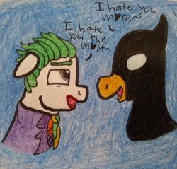 Size: 594x569 | Tagged: safe, artist:psyberblueflame, pony, batman, gay, lego, male, ponified, shipping, the joker, the lego batman movie, traditional art