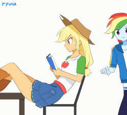 Size: 1000x900 | Tagged: safe, artist:ryuu, applejack, rainbow dash, equestria girls, equestria girls series, g4, accessory theft, animated, applejack's hat, bad idea, belt, book, boots, chair, clothes, cowboy hat, cute, denim skirt, duo, duo female, female, frame by frame, freckles, gif, hat, hatless, impending doom, jacket, legs, lesbian, miniskirt, missing accessory, oh no she didn't, pants, pure unfiltered evil, reading, ship:appledash, shipping, shirt, shoes, simple background, skirt, sneaky, stetson, sweet dreams fuel, tempting fate, thighs, this will end in angry countryisms, this will end in death, this will end in pain, this will end in tears, this will not end well, white background, wristband, yoink