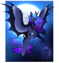Size: 1740x1870 | Tagged: safe, artist:djspark3, princess luna, alicorn, bat pony, bat pony alicorn, pony, g4, coat markings, dappled, female, flying, hybrid wings, mare, moon, night, solo