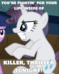 Size: 751x938 | Tagged: safe, derpibooru exclusive, edit, edited screencap, editor:didgereethebrony, screencap, rarity, pony, g4, the return of harmony, angry, bipedal, caption, cropped, cutie mark, discorded, image macro, text, thriller