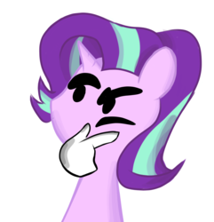 Size: 1857x1926 | Tagged: safe, artist:el pony chipocludo, starlight glimmer, pony, unicorn, g4, aside glance, bust, disembodied hand, emoji, female, frown, hand, lidded eyes, mare, meme, raised eyebrow, reaction image, simple background, solo, thinking, wat, white background, 🤔