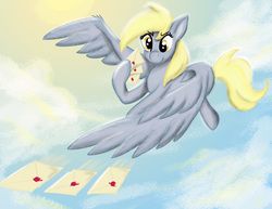 Size: 3300x2550 | Tagged: safe, artist:pegaplex, derpy hooves, pony, g4, assassin, cloud, female, flying, high res, hoof hold, letter, mail, mailmare, mare, sky, solo, sun, throwing, wing hands