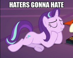 Size: 1000x804 | Tagged: safe, edit, edited screencap, screencap, starlight glimmer, pony, unicorn, g4, season 7, uncommon bond, caption, cropped, eyes closed, female, haters gonna hate, hooves on cheeks, image macro, impact font, lying down, mare, meme, smiling, smug, smuglight glimmer, solo, text
