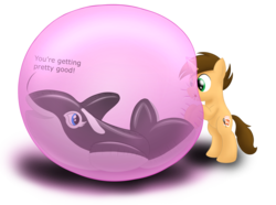 Size: 2604x1937 | Tagged: safe, artist:bladedragoon7575, oc, oc only, oc:bobby seas, oc:remmy, orca, pony, unicorn, whale, bipedal, bubble, bubblegum, food, gum, in bubble, inflatable, inflatable whale, pool toy, simple background, transparent background