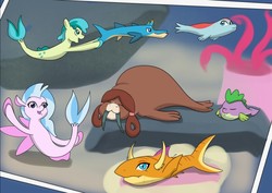 Size: 899x637 | Tagged: safe, artist:chedx, gallus, ocellus, sandbar, silverstream, smolder, spike, yona, barracuda, fish, puffer fish, seal, seapony (g4), shark, tiger shark, walrus, comic:the weekend wager, g4, my little pony: the movie, commission, coral, cropped, cutie mark, dorsal fin, fin, fin wings, fins, fish tail, fishified, flowing mane, flowing tail, gallus the barracuda, monkey swings, ocean, ocellus the seal, open mouth, open smile, seaponified, seapony sandbar, seapony silverstream, seaquestria, smiling, smolder the tiger shark, species swap, spike the pufferfish, student six, swimming, tail, tail fin, transformed, underwater, water, wings, yona the walrus