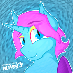 Size: 3774x3773 | Tagged: safe, artist:wumbl3, derpibooru exclusive, oc, oc only, oc:chroma wave, alicorn, bat pony, bat pony alicorn, pony, bat pony oc, bust, eyeshadow, fangs, high res, horn, looking at you, makeup, male, smiling, solo