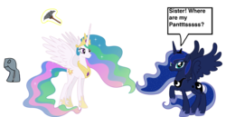 Size: 1919x989 | Tagged: safe, artist:optimusbroderick83, princess celestia, princess luna, g4, clothes, crossover, dialogue, duster, lego, pants, parody, reference, simple background, speech bubble, the lego movie, transparent background