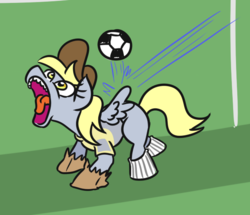 Size: 608x524 | Tagged: safe, artist:jargon scott, derpy hooves, pegasus, pony, g4, 4chan cup, female, football, goalkeeper, horses doing horse things, mare, missing cutie mark, open mouth, paper bag, safest hooves, solo, sports