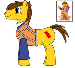 Size: 1736x1584 | Tagged: safe, artist:arcturus-fyre, pony, crossover, emmet brickowski, lego, piece of resistance, ponified, simple background, solo, the lego movie, transparent background