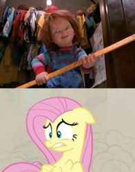 Size: 400x510 | Tagged: safe, artist:mega-shonen-one-64, fluttershy, pegasus, pony, g4, child's play, chucky, closet, crossover, doll, dust, ears back, female, flutterbuse, frown, gritted teeth, hasbro, hasbro studios, irl, mare, photo, scared, scary, scary movie, stick, toy, universal studios, wide eyes