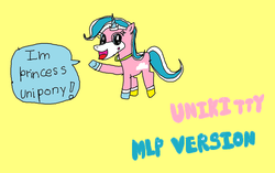 Size: 1335x836 | Tagged: safe, artist:14artkitty, pony, dialogue, lego, ponified, simple background, solo, speech bubble, the lego movie, unikitty, yellow background