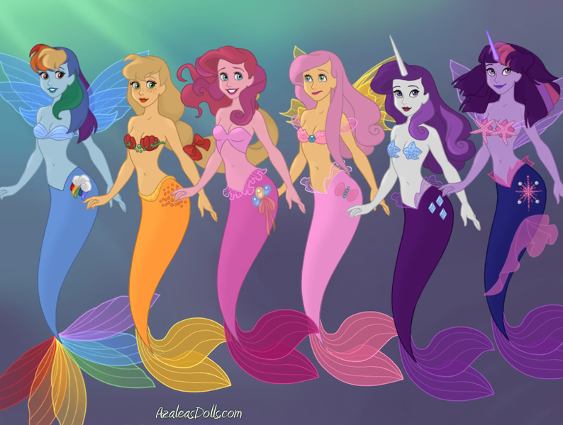 1977139 - safe, artist:azaleasdolls, artist:minicarly, applejack,  fluttershy, pinkie pie, rainbow dash, rarity, twilight sparkle, alicorn,  mermaid, equestria girls, g4, bare shoulders, clothes, crossover, cutie  mark on human, disney, disney style, fin