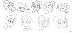 Size: 1280x597 | Tagged: safe, artist:yakoshi, cloudchaser, derpy hooves, maud pie, pinkie pie, trixie, earth pony, pony, equestria girls, g4, :o, :t, bust, expressions, eyes closed, female, floppy ears, frown, happy, lidded eyes, looking at you, mare, monochrome, open mouth, portrait, sad, simple background, sketch, smiling, smug, starry eyes, tongue out, unamused, white background, wingding eyes