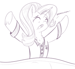 Size: 793x728 | Tagged: safe, artist:yakoshi, starlight glimmer, pony, unicorn, g4, bedsheets, chest fluff, clothes, eyes closed, female, mare, monochrome, open mouth, pajamas, simple background, sketch, solo, stretching, waking up, white background, yawn