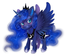 Size: 510x434 | Tagged: safe, artist:mad-cryime, princess luna, alicorn, pony, g4, blushing, chest fluff, chibi, constellation, constellation hair, crown, cute, ear fluff, ethereal mane, female, hoof shoes, jewelry, leg fluff, lidded eyes, lunabetes, mare, regalia, simple background, solo, starry mane, transparent background