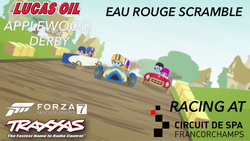 Size: 750x422 | Tagged: safe, rainbow dash, scootaloo, pony, fanfic:equestria motorsports, g4, the cart before the ponies, applewood, circuit de spa francorchamps, derby racers, driving, eau rouge, fanfiction idea, forza motorsport 7, hay bale, lucas oil, lucas oil applewood derby, motorsport, ponyville, poster board, race track, racing, traxxas