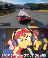 Size: 750x908 | Tagged: safe, fluttershy, sunset shimmer, equestria girls, g4, game stream, spoiler:eqg series (season 2), angry, car, circuit de spa francorchamps, comparison, controller, eau rouge, forza motorsport 7, gameplay, gamer sunset, headset, headset mic, lamborghini, lamborghini aventador sv, microsoft, psycho gamer sunset, race track, raidillon, read description, sunset shimmer frustrated at game, tell me what you need, xbox, xbox one, youtube link