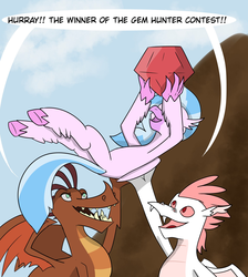 Size: 1610x1796 | Tagged: safe, artist:chedx, barry, silverstream, classical hippogriff, dragon, hippogriff, comic:the weekend wager, g4, cheering, commission, cropped, dragon lands, female, gem, gem hunter, honorary dragon silverstream, male, teenaged dragon, trio