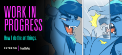 Size: 1000x450 | Tagged: safe, artist:kez, oc, oc only, oc:umami stale, pegasus, pony, comic, crash, fangs, floppy ears, glass, nose wrinkle, patreon exclusive, solo, wip