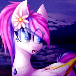Size: 2000x2000 | Tagged: safe, artist:sodapopfairypony, oc, oc only, oc:daisy, pegasus, pony, eye clipping through hair, female, flower, high res, jewelry, mare, open mouth, pendant, solo, two toned wings