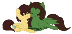 Size: 1280x606 | Tagged: safe, artist:t-aroutachiikun, oc, oc only, oc:golden ashes, oc:ocean symphony, pegasus, pony, colt, female, male, mare, mother and son, prone, simple background, transparent background