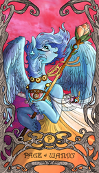 Size: 2088x3619 | Tagged: safe, artist:sourcherry, oc, oc only, pegasus, pony, clothes, dress, female, flower, high res, jewelry, mare, solo, tarot, tarot card, wand