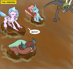 Size: 1952x1833 | Tagged: safe, artist:chedx, ocellus, silverstream, yona, changedling, changeling, classical hippogriff, dragon, hippogriff, yak, comic:the weekend wager, g4, comic, commission, cropped, dragon lands, excited, female, gorge surfing, male, scared, shot