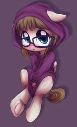 Size: 961x1572 | Tagged: source needed, useless source url, safe, artist:darkstylerz, zippoorwhill, pegasus, pony, g4, blushing, clothes, cute, female, filly, frog (hoof), glasses, hoodie, hoofbutt, hooves, looking at you, simple background, solo, underhoof, zippoorbetes