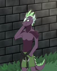 Size: 1768x2196 | Tagged: safe, artist:moonaknight13, spike, anthro, g4, clothes, markings, older, older spike, partial nudity, topless