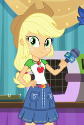 Size: 675x1000 | Tagged: safe, screencap, applejack, flash sentry, best in show: the pre-show, equestria girls, equestria girls series, spoiler:eqg series (season 2), applejack's hat, belt, clothes, cowboy hat, cropped, denim skirt, freckles, geode of super strength, hat, magical geodes, microphone, offscreen character, skirt, smiling, stetson