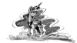 Size: 1920x1080 | Tagged: safe, artist:oofycolorful, princess luna, alicorn, pony, g4, female, grayscale, mare, monochrome, simple background, solo, white background