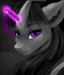 Size: 1728x2016 | Tagged: safe, artist:skylacuna, twilight sparkle, pony, g4, alternate hairstyle, female, glowing horn, horn, long hair, looking at you, magic, mare, monochrome, neo noir, partial color, smiling, solo, speedpaint available
