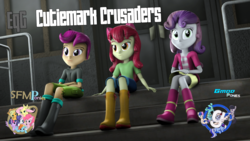 Size: 1920x1080 | Tagged: safe, artist:sindroom, apple bloom, scootaloo, sweetie belle, equestria girls, g4, 3d, boots, clothes, cutie mark crusaders, download at source, downloadable, gmod, shoes, shorts, sitting, source filmmaker, source filmmaker resource, updated