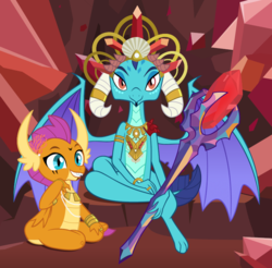 Size: 800x787 | Tagged: safe, artist:queencold, princess ember, smolder, dragon, g4, armband, bloodstone scepter, bracelet, coral, crown, dragon lands, dragon lord ember, dragoness, duo, face paint, featured image, female, gem, horn, horn ring, i can't believe it's not hasbro studios, jewelry, looking at you, markings, necklace, nice hat, pearl necklace, queen, regalia, ring, shell, show accurate, tribal, tribal jewelry, tribal markings