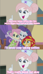 Size: 636x1077 | Tagged: safe, edit, edited screencap, screencap, fluttershy, nurse redheart, rarity, sunset shimmer, constructive criticism, equestria girls, g4, my little pony equestria girls: better together, my little pony equestria girls: rainbow rocks, comic, ryan george, screencap comic, selfie, text