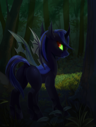 Size: 4740x6300 | Tagged: safe, artist:taneysha, oc, oc only, oc:hmage, changeling, absurd resolution, blue changeling, butt, changeling oc, commission, fangs, female, forest, looking back, male, plot, scenery, solo, stallion, tree