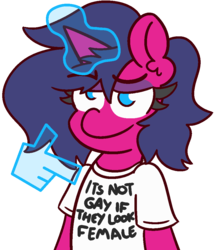 Size: 870x1010 | Tagged: safe, artist:threetwotwo32232, oc, oc only, oc:fizzy pop, pony, unicorn, clothes, femboy, glowing horn, hand, horn, lidded eyes, magic, magic hands, male, shirt, smiling, solo, stallion, t-shirt, trap