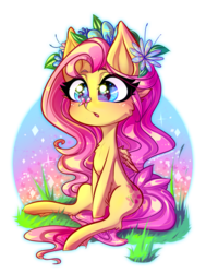 Size: 2893x3828 | Tagged: safe, artist:minamikoboyasy, fluttershy, butterfly, pegasus, pony, g4, cute, eyelashes, female, flower, flower in hair, grass, high res, mare, open mouth, shyabetes, simple background, transparent background