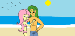 Size: 1429x684 | Tagged: safe, artist:syfyman2xxx, fluttershy, sandalwood, equestria girls, g4, belly button, bikini, clothes, female, male, midriff, pink swimsuit, sandalshy, shipping, straight, swimsuit