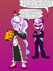 Size: 1280x1705 | Tagged: safe, artist:americananomaly, diamond tiara, silver spoon, anthro, plantigrade anthro, g4, anthroquestria, belly button, clothes, costume, duo, midriff, mystery skulls, nightmare night costume, this will end in weight gain