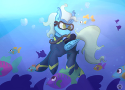 Size: 2500x1794 | Tagged: safe, artist:lycania29, oc, oc only, oc:sea glow, fish, pony, air tank, bubble, commission, dive mask, flippers (gear), scuba diving, solo, underwater, wetsuit