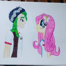 Size: 480x480 | Tagged: artist needed, safe, fluttershy, sandalwood, equestria girls, g4, female, male, pencil drawing, sandalshy, shipping, straight, traditional art
