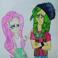 Size: 640x640 | Tagged: artist needed, safe, fluttershy, sandalwood, equestria girls, g4, female, male, pencil drawing, sandalshy, shipping, straight, traditional art