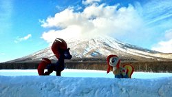 Size: 2048x1152 | Tagged: safe, artist:hihin1993, tempest shadow, oc, oc:poniko, pony, g4, irl, japan, mountain, photo, plushie, snow