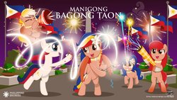 Size: 1024x579 | Tagged: safe, artist:jhayarr23, oc, oc:fillypines, oc:luz, oc:minda, oc:pearl shine, oc:vi, earth pony, pegasus, pony, unicorn, 2019, bipedal, filipino, fireworks, flag, happy new year, holiday, philippines, tagalog