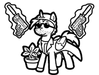 Size: 198x150 | Tagged: safe, artist:crazyperson, pony, fallout equestria, fallout equestria: commonwealth, black and white, clothes, coat, fanfic art, grayscale, gun, magic, magic aura, monochrome, picture for breezies, silencer, simple background, sunglasses, telekinesis, transparent background, weapon