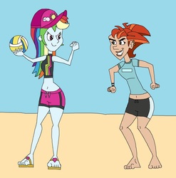 Size: 2021x2049 | Tagged: safe, artist:hunterxcolleen, rainbow dash, human, equestria girls, g4, my little pony equestria girls: better together, atlanta, beach, belly button, bikini, bikini top, cap, class of the titans, clothes, crossover, duel, feet, hat, high res, sandals, shorts, sports, swimming trunks, swimsuit, volleyball