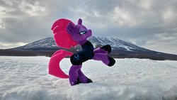 Size: 2048x1152 | Tagged: safe, artist:hihin1993, tempest shadow, pony, g4, hoofy-kicks, irl, japan, majestic, mountain, photo, plushie, pretty pretty tempest, rearing, snow, solo